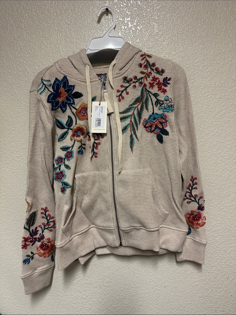 NWT JOHNNY WAS Ardell Metallic Thermal Hoodie in Oat - Size Small $388 MSRP